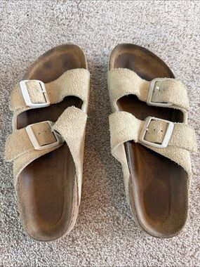 Birkenstock Sandals Beige Suede Double Strap with Silver Buckles